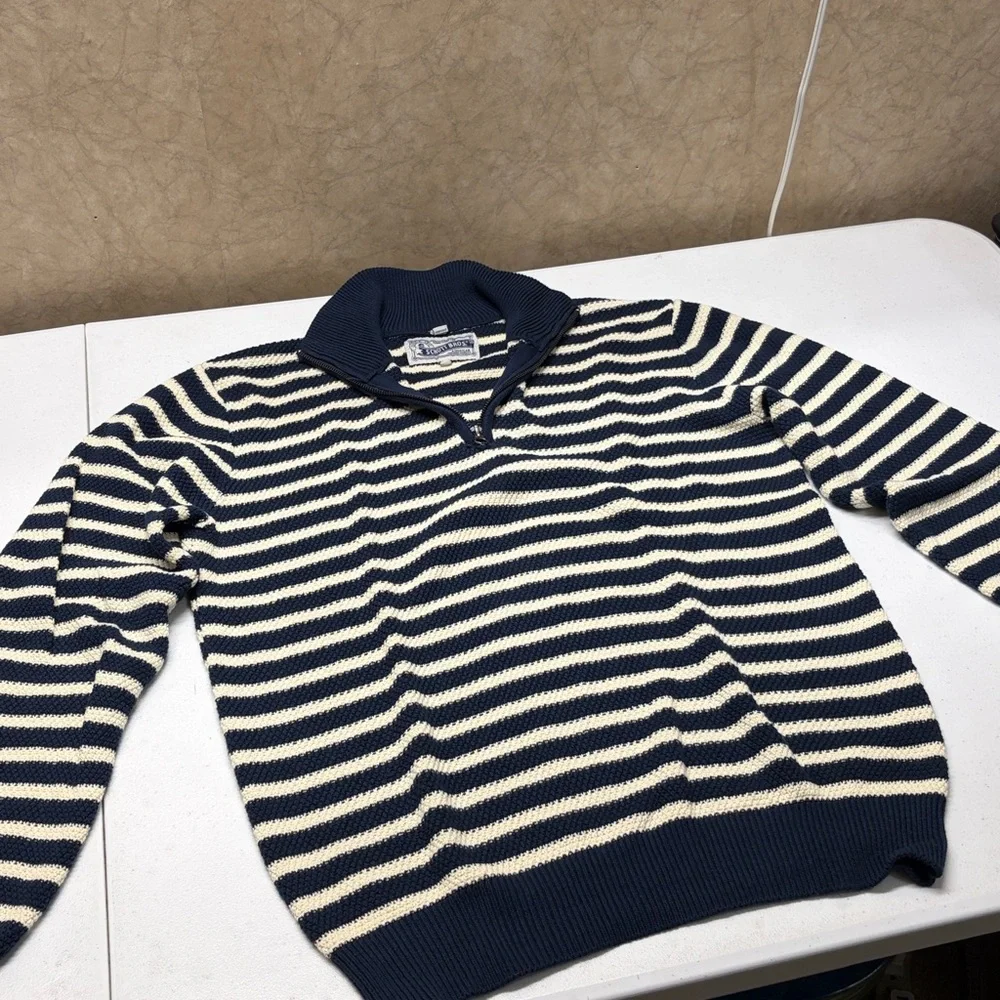 Schott Striped Waffle Weave 1/4 Zip Sweater Men's Small Navy & Cream 100% Cotton